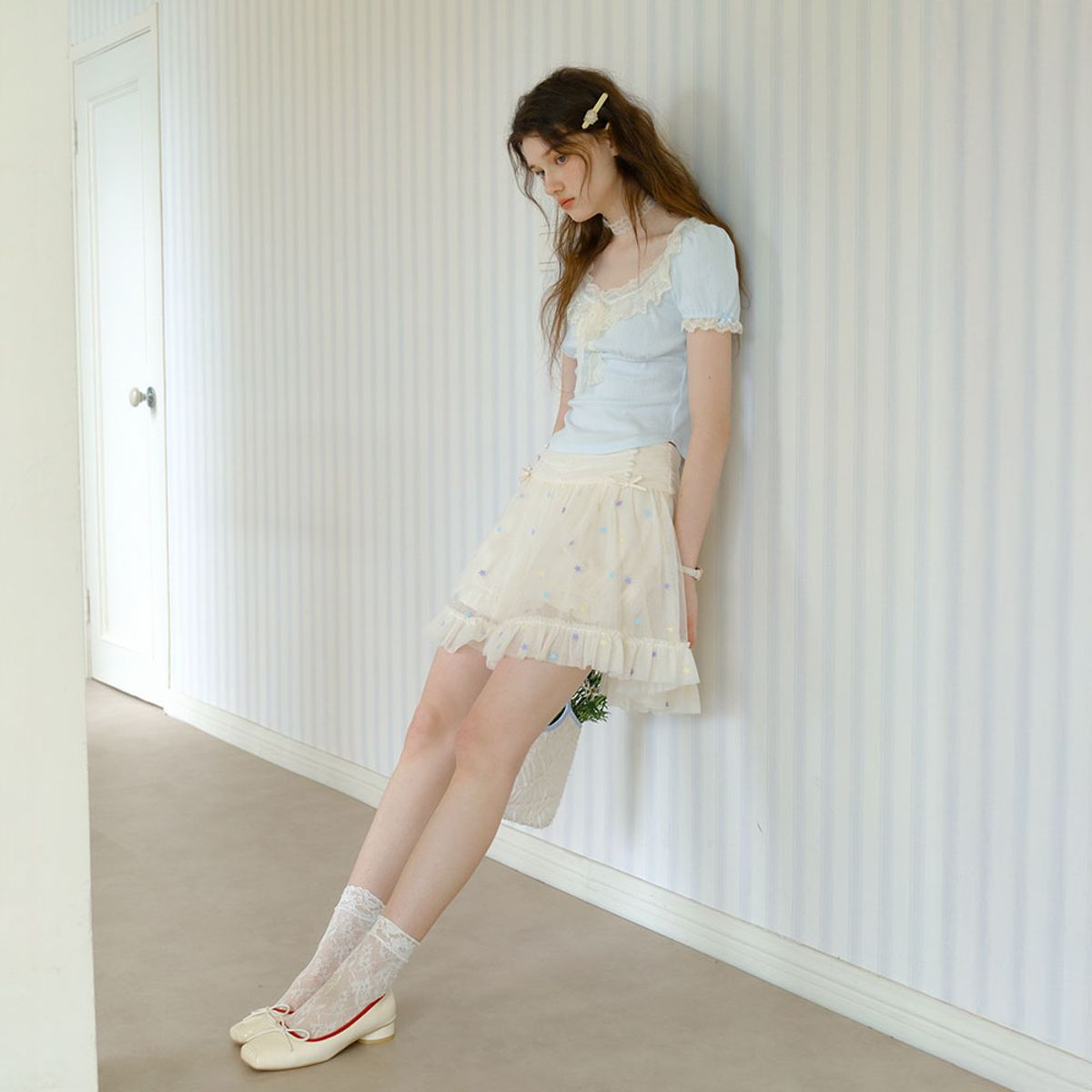 쎄무아듀(CEST MOIDEW) Cest_Star embroidered mesh mini skirt
