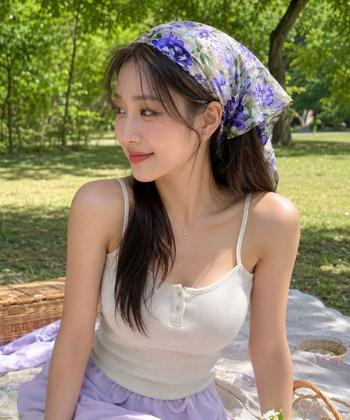 콜릿(KOLEAT) 자외선차단 반다나 페이즐리 플라워 헤어두건 손수건 [Purple]