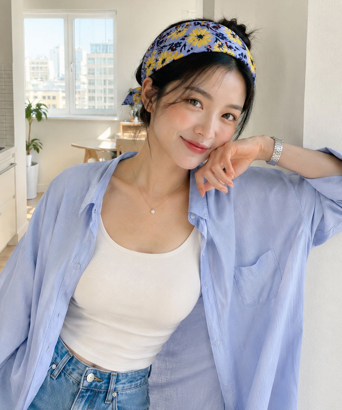 콜릿(KOLEAT) 자외선차단 빈티지 플라워 반다나 헤어두건 손수건 [Blue]