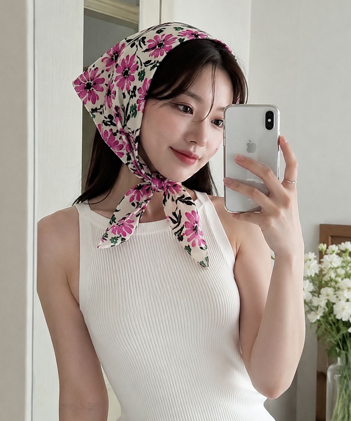 콜릿(KOLEAT) 자외선차단 빈티지 플라워 반다나 헤어두건 손수건 [Pink]