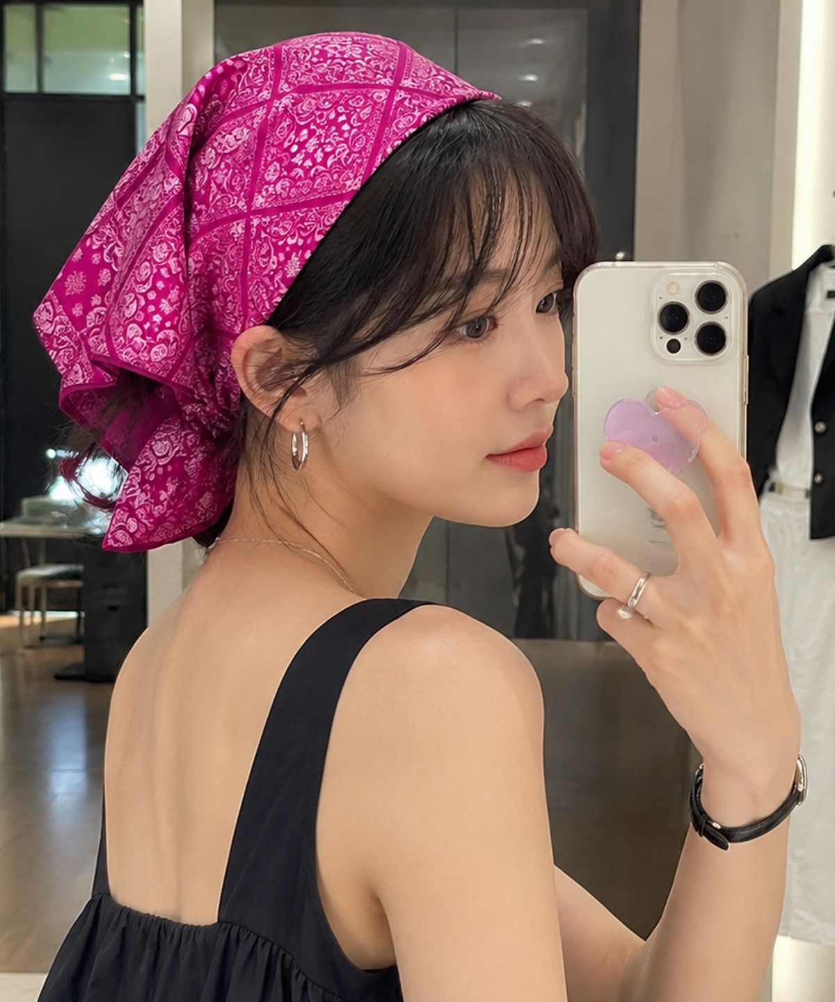 콜릿(KOLEAT) 자외선차단 반다나 르네르 페이즐리 헤어두건 손수건 [다크핑크]