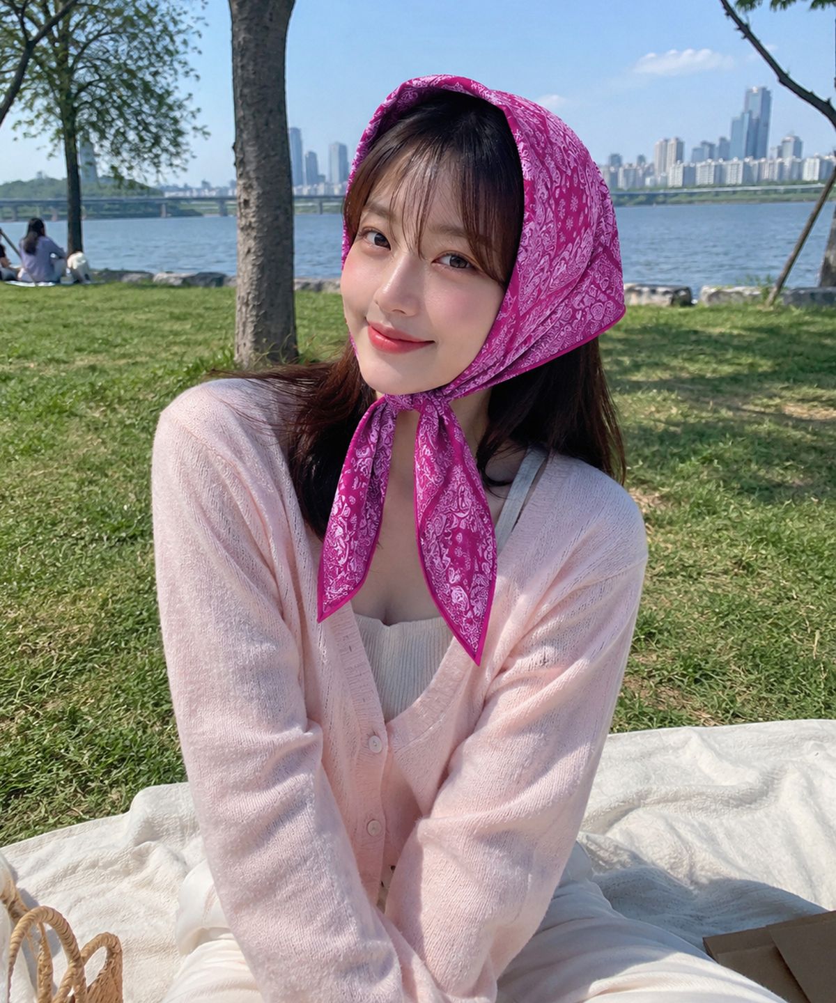 콜릿(KOLEAT) 자외선차단 반다나 르네르 페이즐리 헤어두건 손수건 [다크핑크]