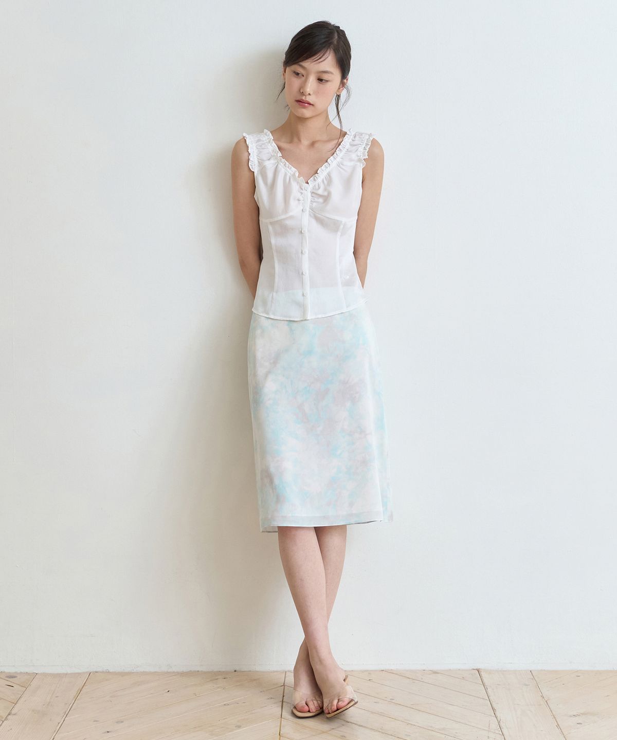 이보크에라(EVOKEERA) Soft Pattern Satin Flare Midi Skirt(Misty Mint)