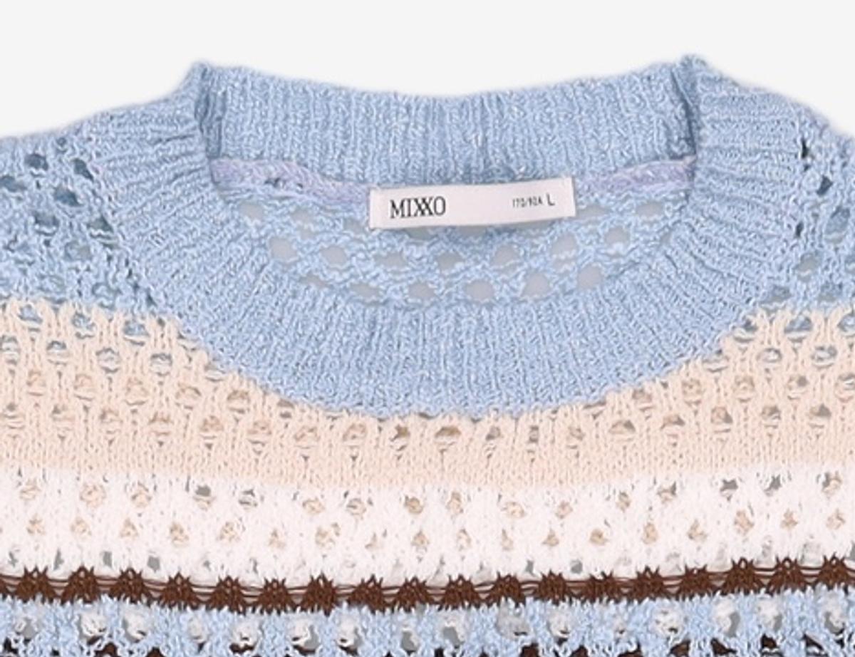 미쏘(MIXXO) 스카시 멀티스트라이프 반팔 풀오버 MIWKAC714T L