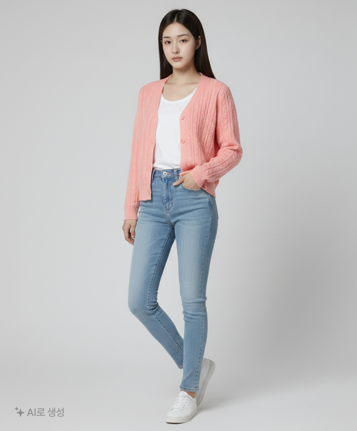 애드호크(AD HOC) 여성 케이블 라운드넥 가디건 (라이트핑크) 90