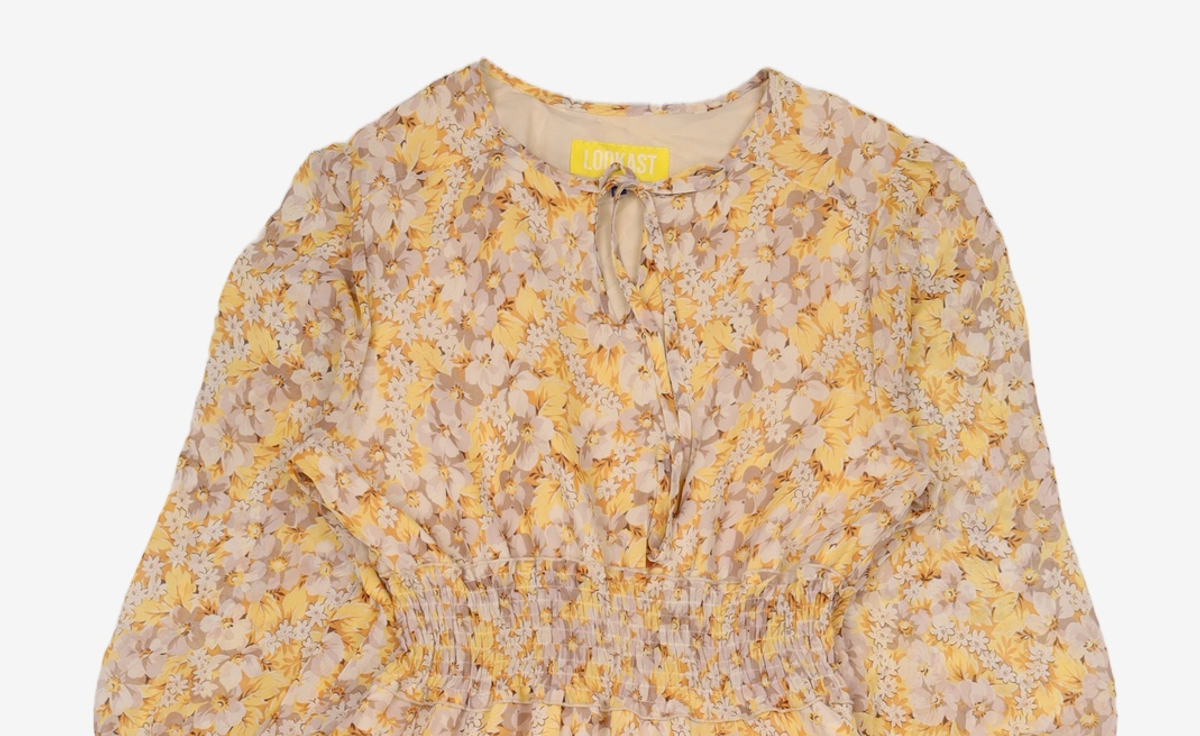 룩캐스트(LOOKAST) YELLOW PRINTING RUFFLE LONG DRESS FREE