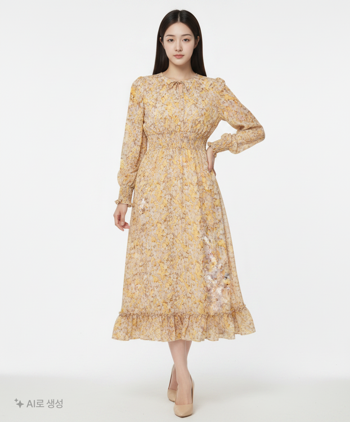룩캐스트(LOOKAST) YELLOW PRINTING RUFFLE LONG DRESS FREE