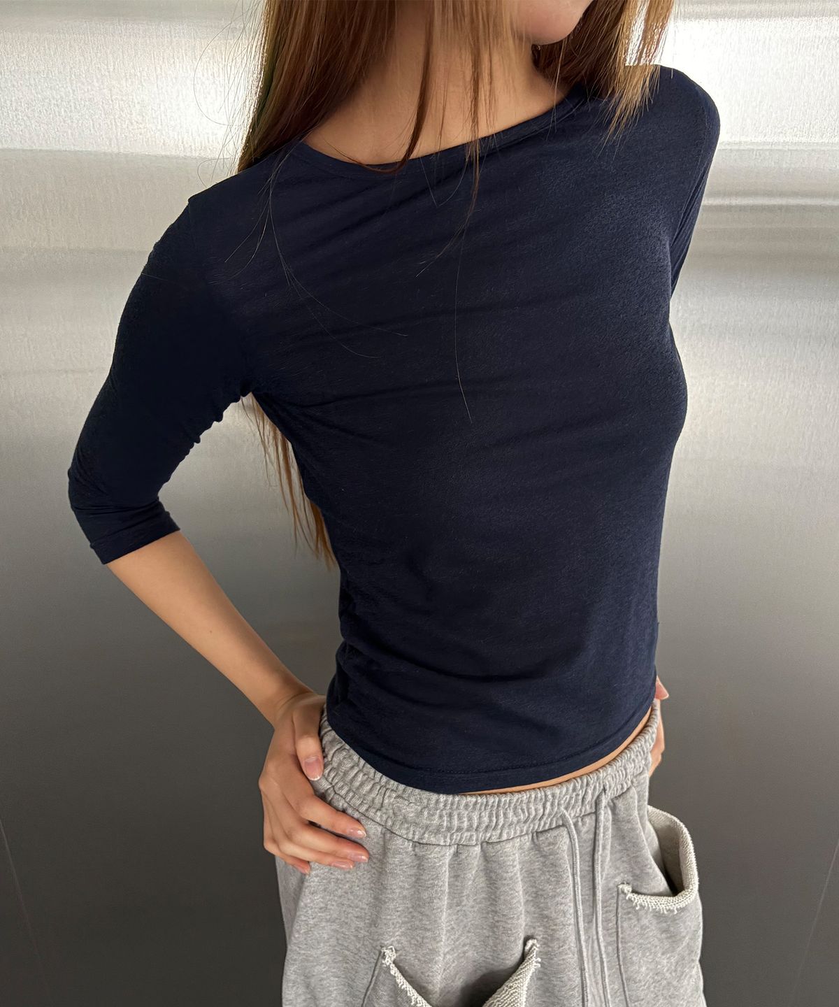 칙스(CHICKS) 린넨 7부 티셔츠 네이비