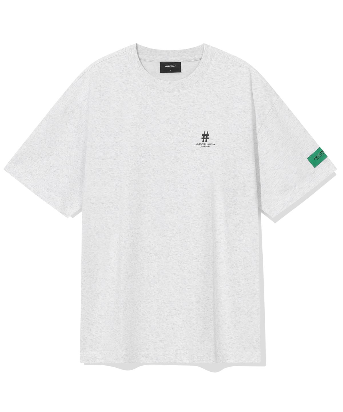 빈트릴(BEENTRILL) 그린 테이핑 해시태그 오버핏 반팔티(아이스 그레이)