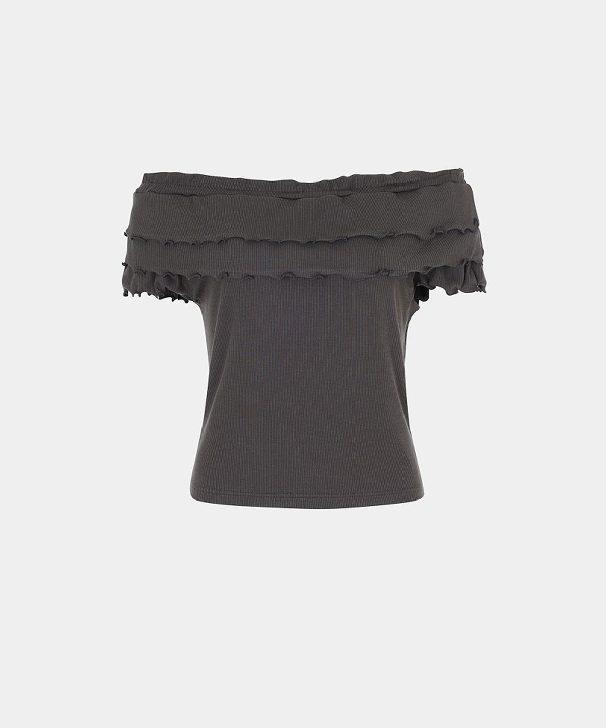 루펀(LOOFUN) Floral Tencel Ruffle Tee / 플로랄 텐셀 러플 티 [Charcoal]