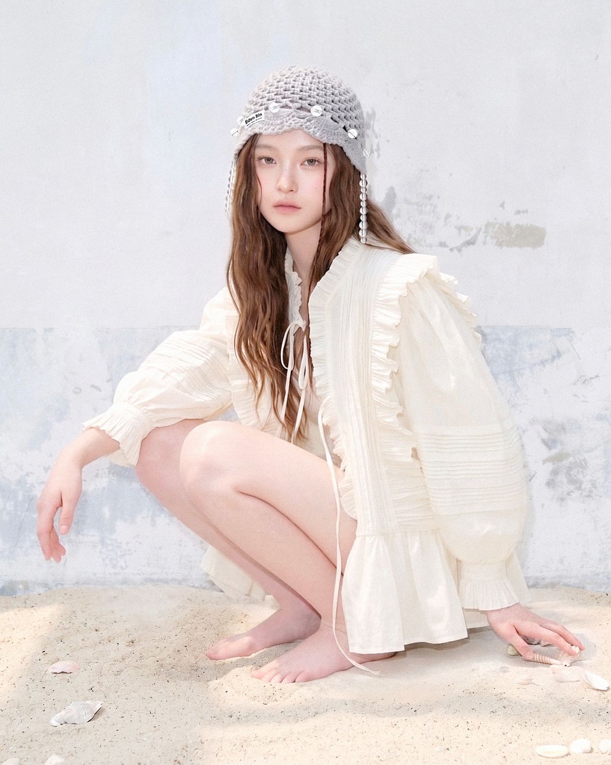 이든빈(Eden Bin) 유리 비즈워크 참 핸드메이드 크로셰 비니 -라이트 그레이