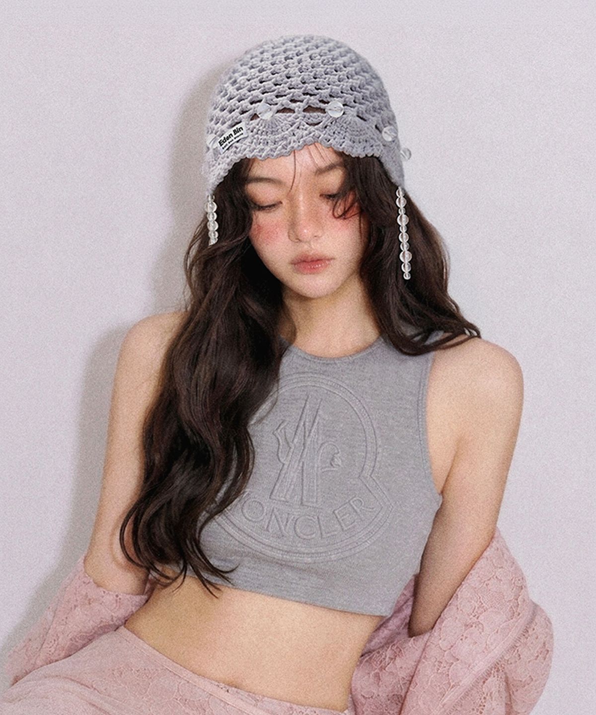 이든빈(Eden Bin) 유리 비즈워크 참 핸드메이드 크로셰 비니 -라이트 그레이