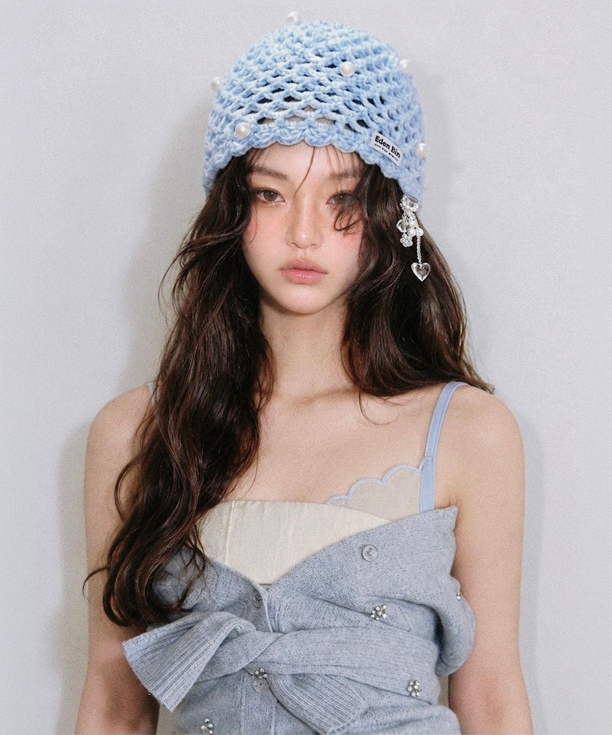 이든빈(Eden Bin) 진주 블루베리 참 핸드메이드 크로셰 비니 - 데님 블루