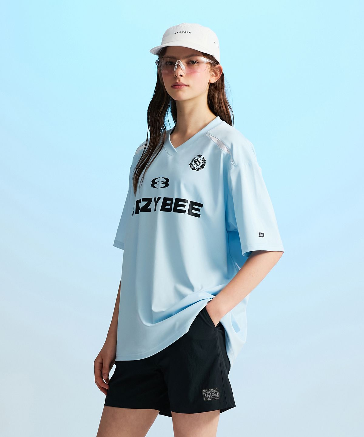 레이지비(LAZYBEE) [SET] 하이드로 메쉬 퍼포먼스 반팔 래쉬가드 + 스윔 쇼츠 세트 M 스카이블루