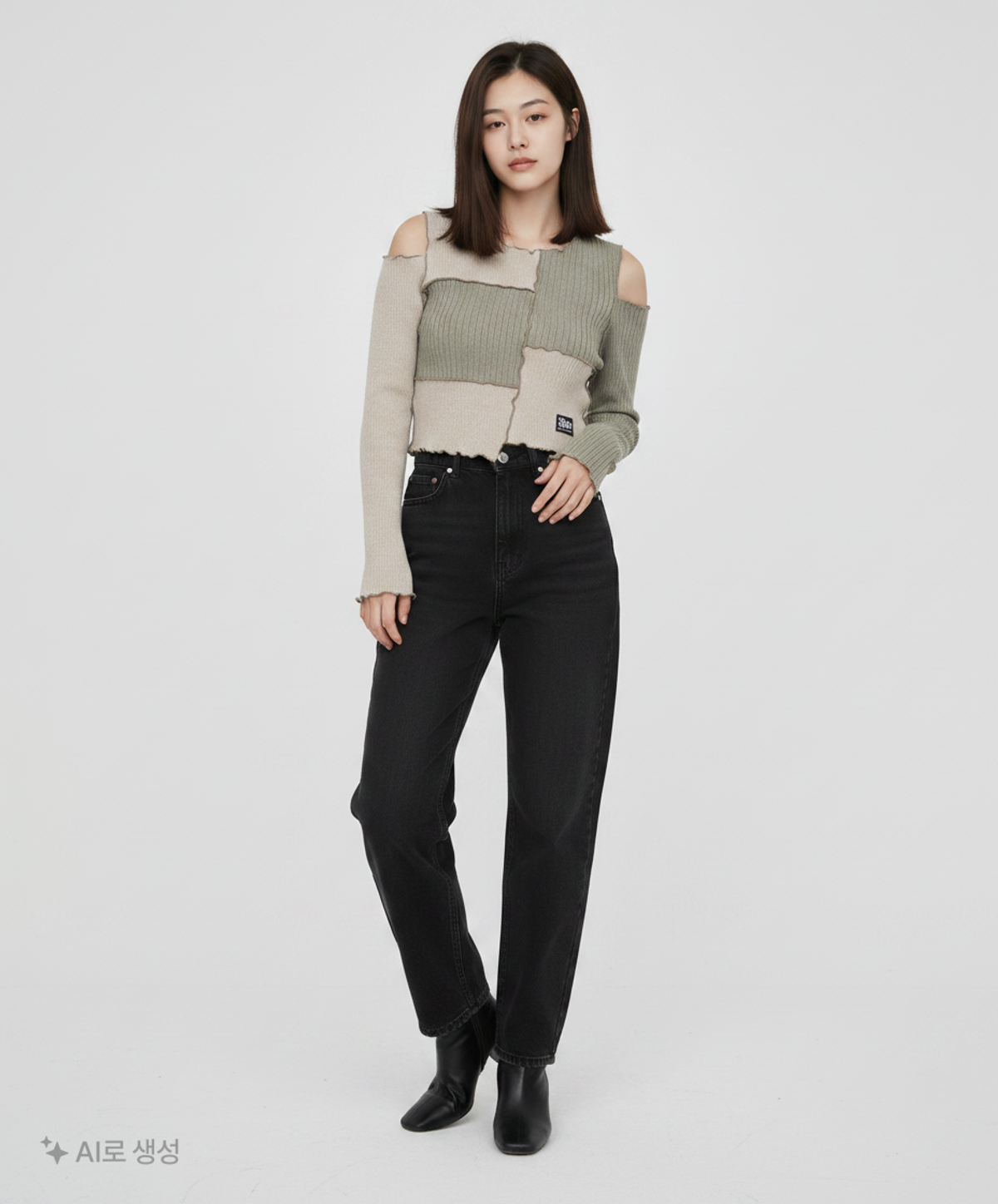 앤디아더(ANDTHEOTHER) 카키 컬러 블록 믹스 긴팔티셔츠 M