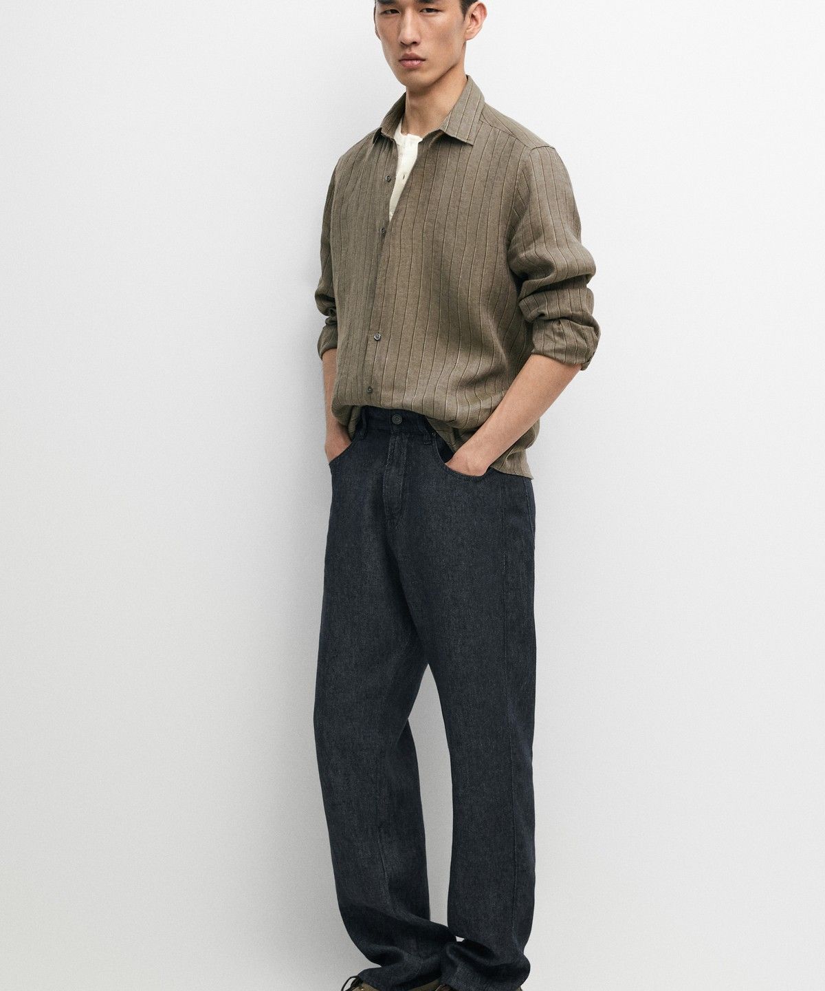 마시모두띠(MASSIMO DUTTI) 레귤러 핏 100% 린넨 스트라이프 셔츠