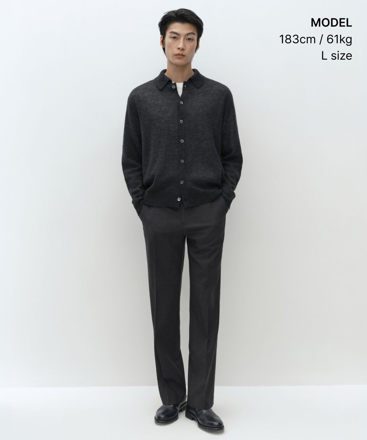 무신사 스탠다드(MUSINSA STANDARD) [플러스] 알파카 블렌드 칼라드 가디건 [차콜 그레이]