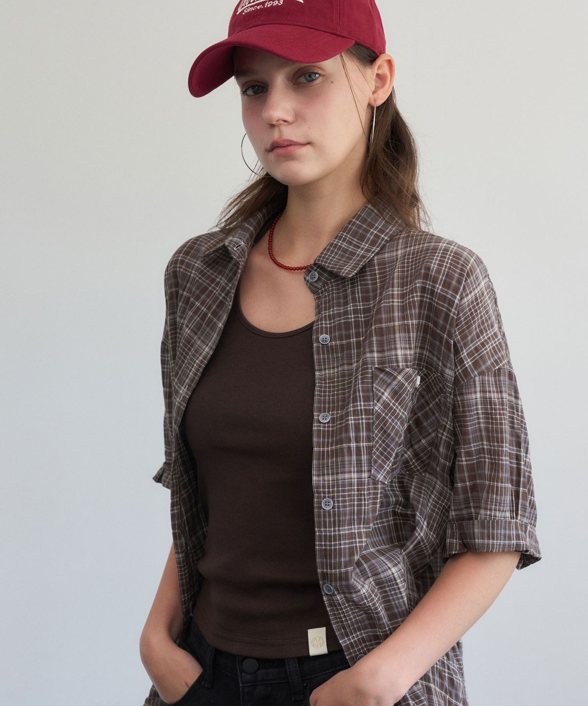 헤인트(HAINT) ADELLE CHECK ROLL-UP HALF SHIRT 2COL_BROWN