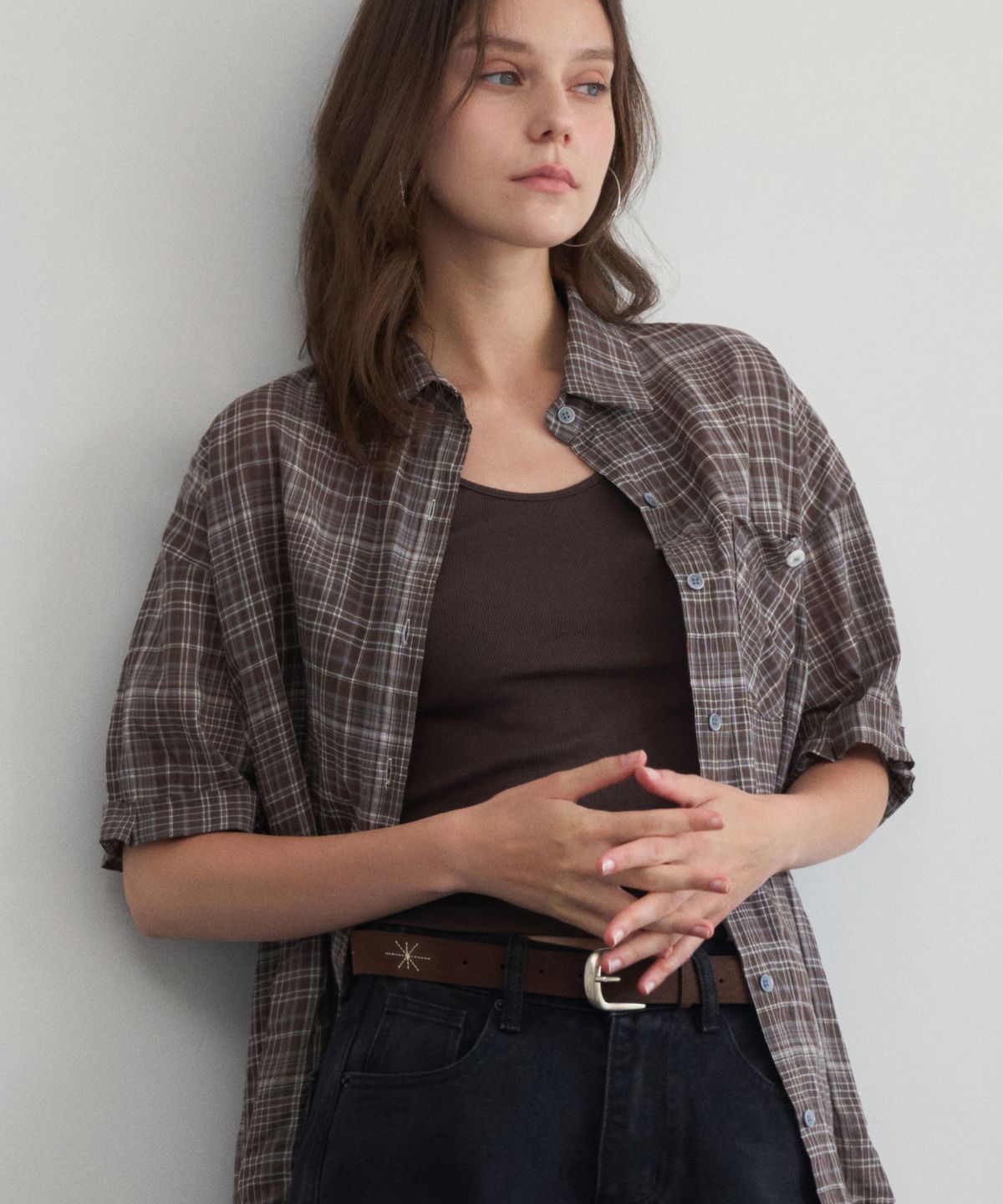 헤인트(HAINT) ADELLE CHECK ROLL-UP HALF SHIRT 2COL_BROWN