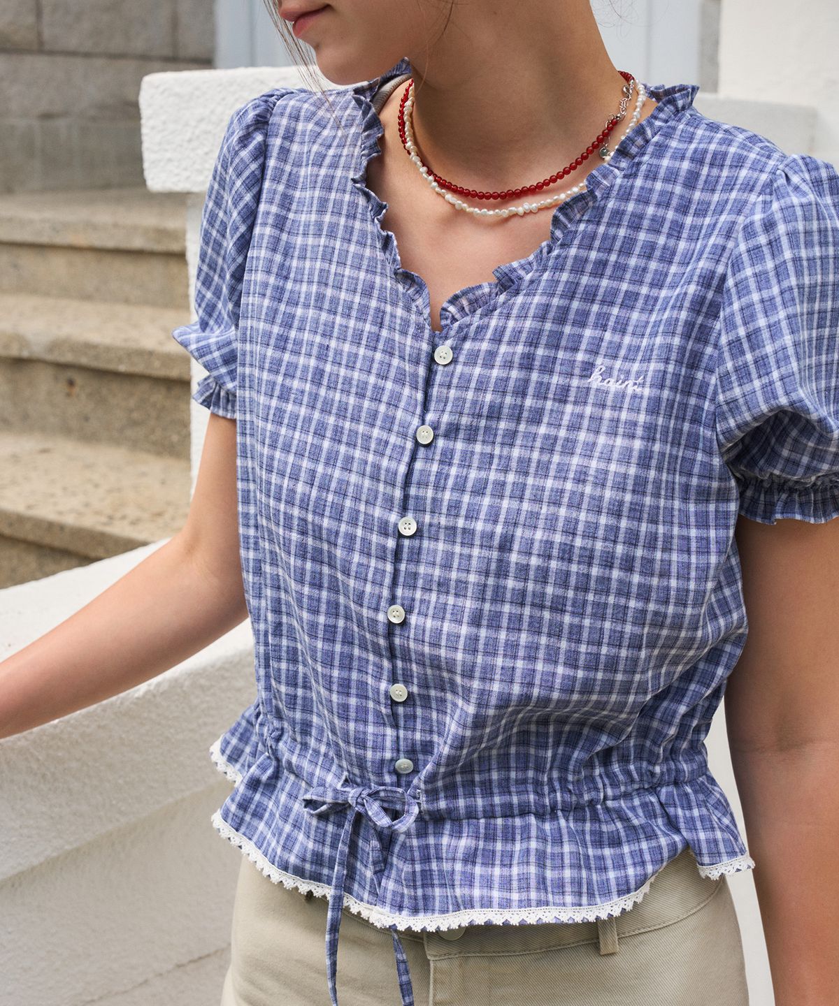 헤인트(HAINT) LIRIA CHECK STRING HALF SHIRT 2COL_NAVY