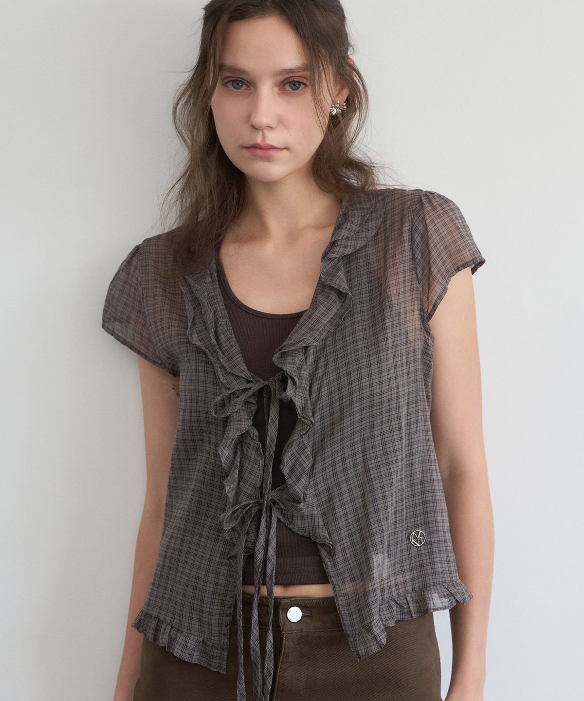 헤인트(HAINT) CLOVIA CHECK FRILL OPEN BLOUSE 2COL_BROWN