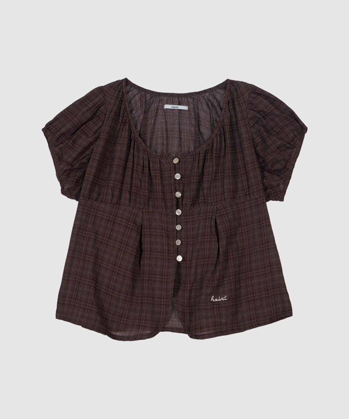 헤인트(HAINT) MAYEL CHECK PUFF EMBROIDERY BLOUSE _BROWN