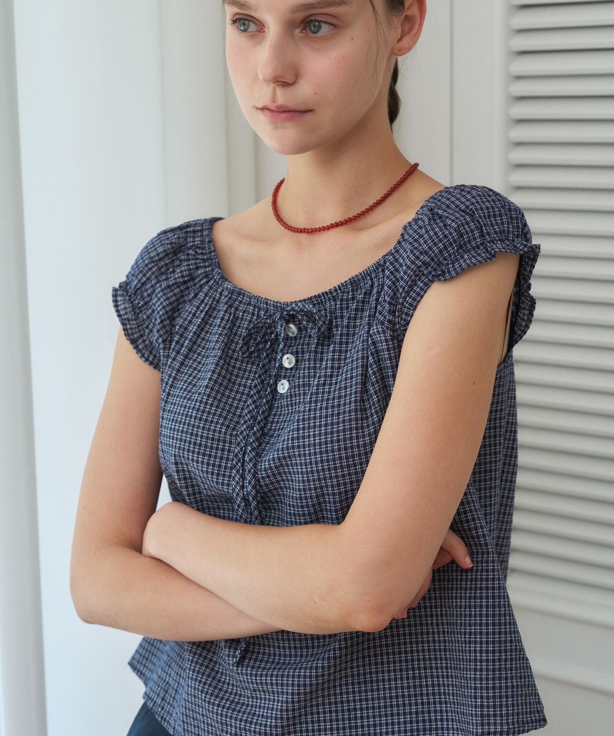 헤인트(HAINT) LUCET CHECK STRING BUTTON BLOUSE 2COL_NAVY