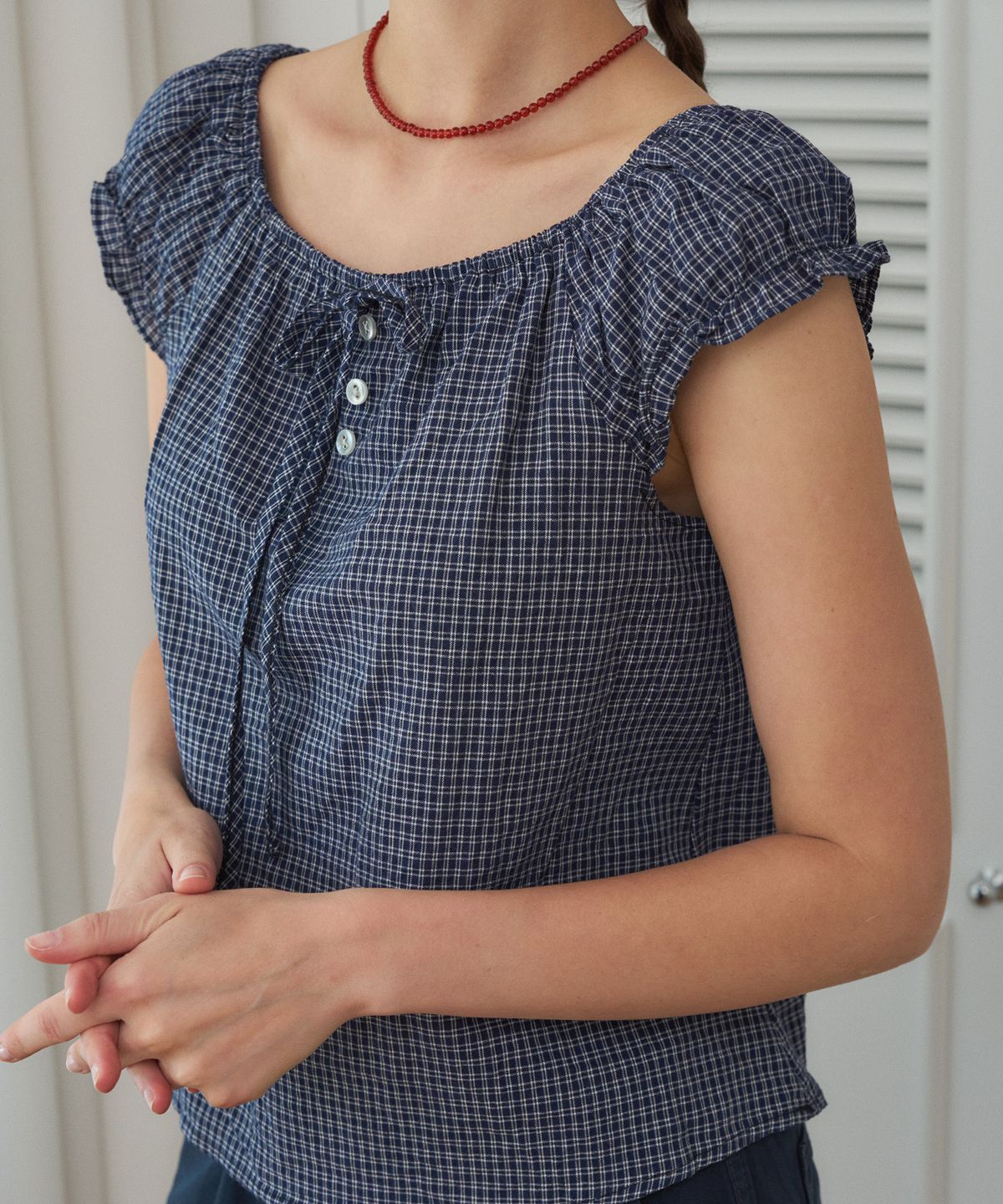 헤인트(HAINT) LUCET CHECK STRING BUTTON BLOUSE 2COL_NAVY
