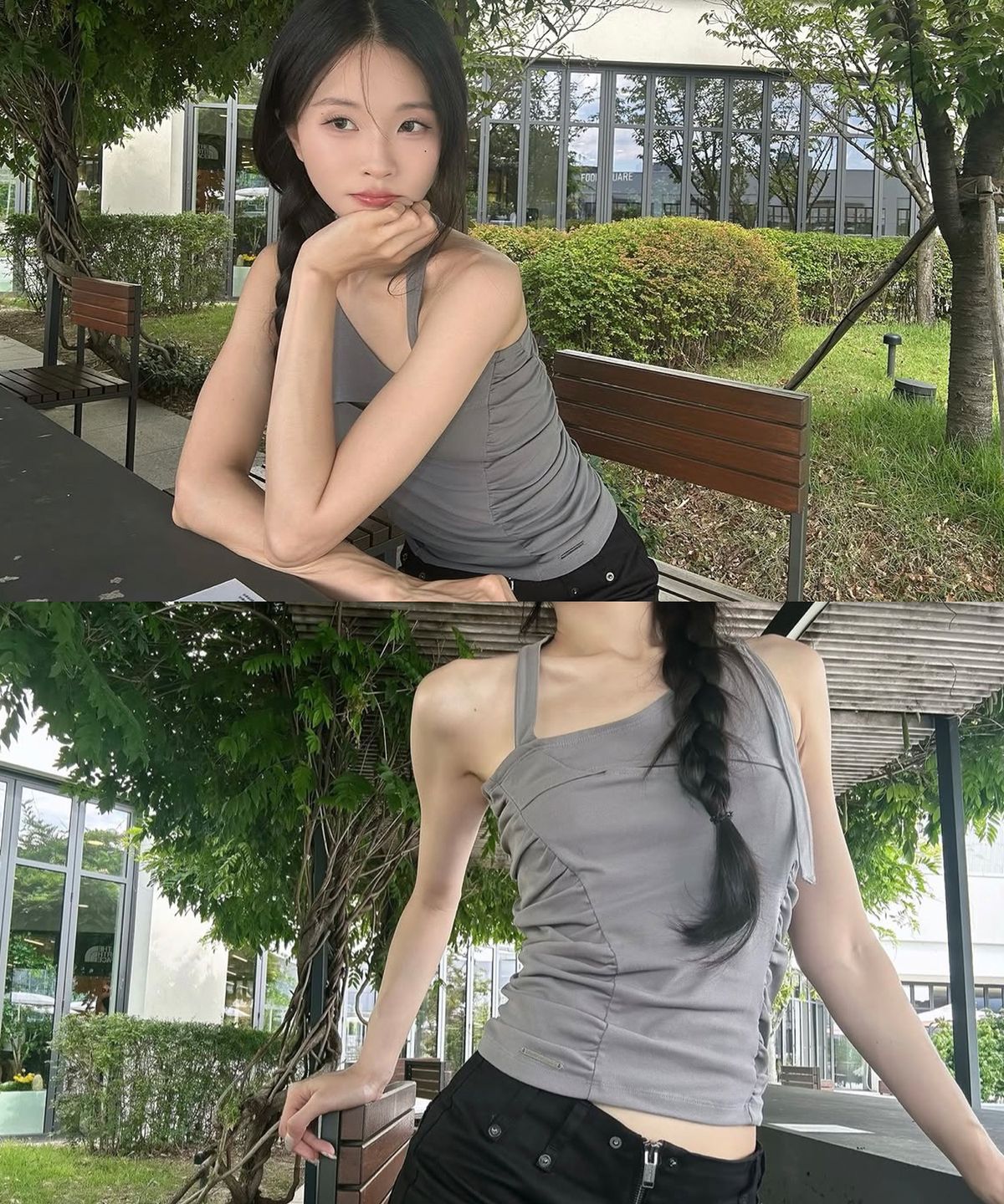 이네기(INEGI) Curved Shirring Slit Top (taupe)