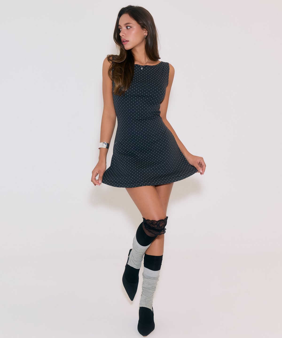 로잔느(ROSEANNE) Cloudy Dot Boatneck Mini Dress (Charcoal)