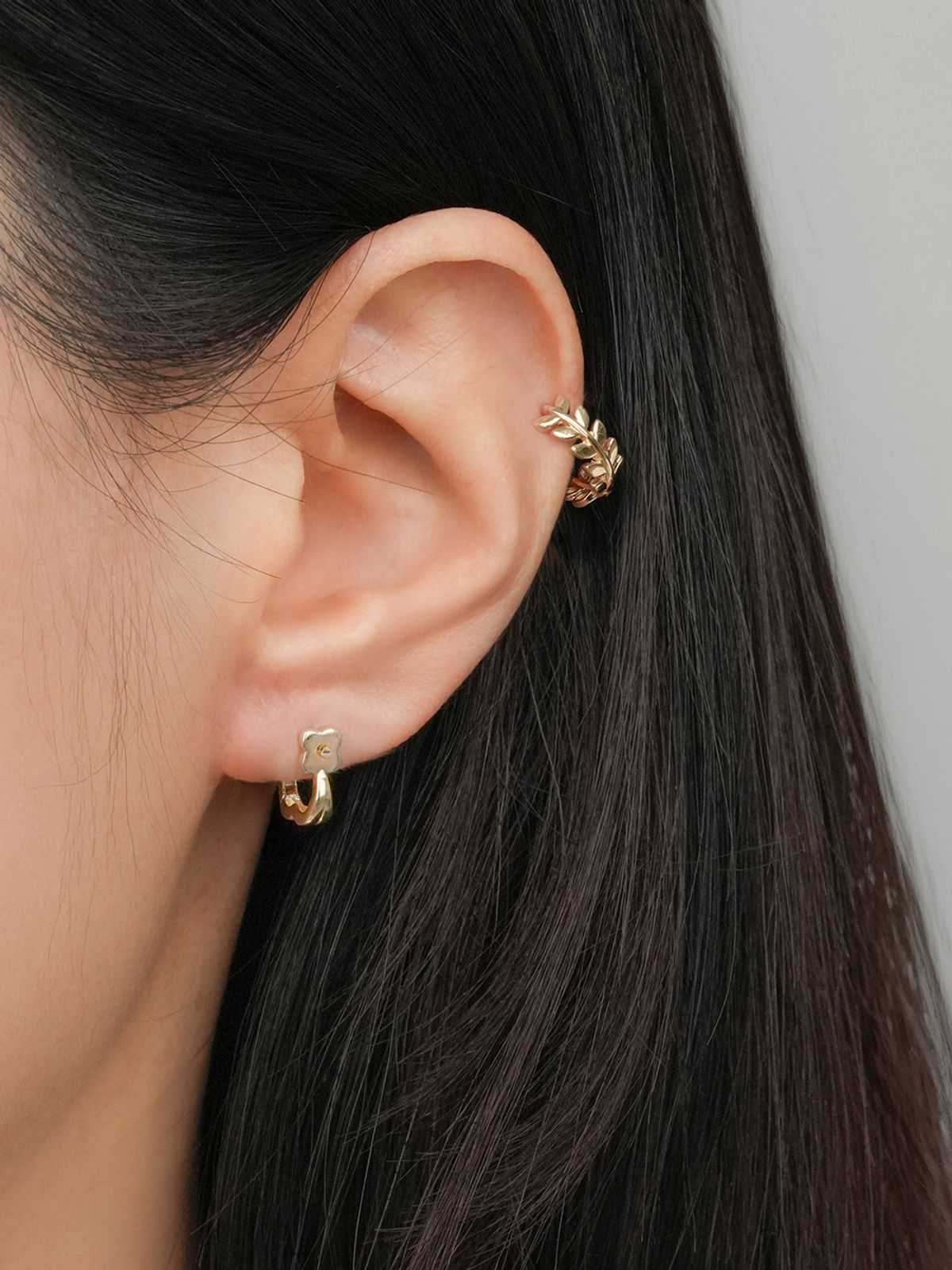 미니멀피어싱(MINIMALPIERCING) 14K 18K 볼드 네잎클로버 원터치 링 귀걸이