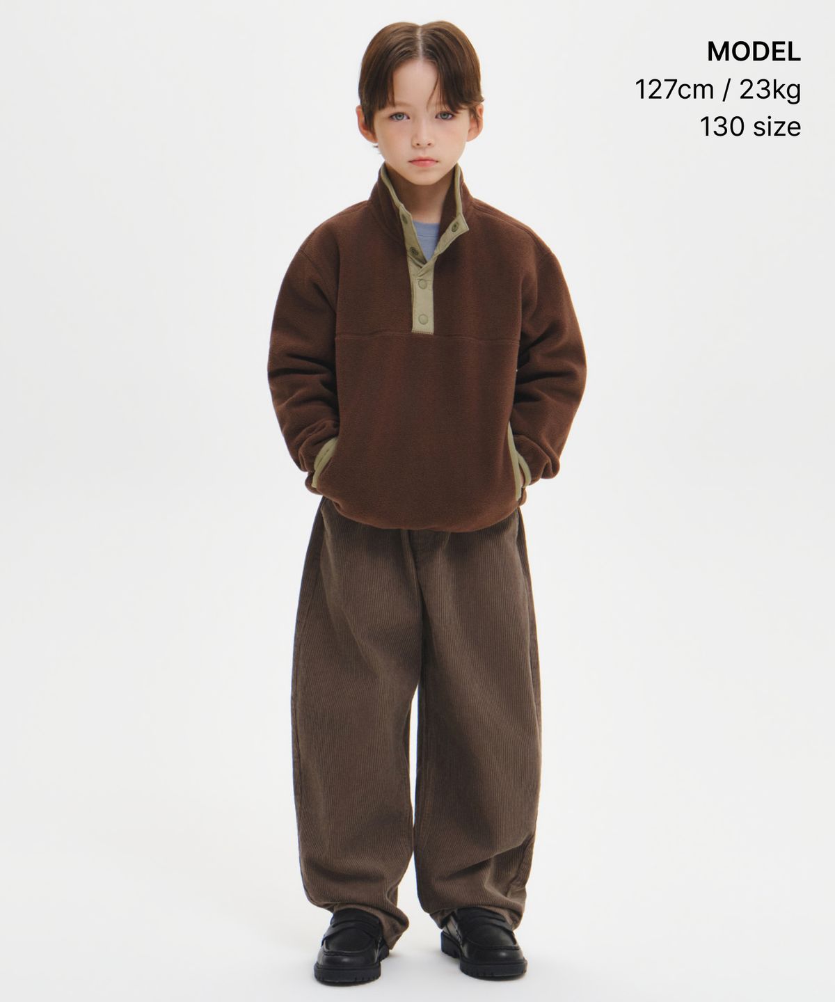 무신사 스탠다드 키즈(MUSINSA STANDARD KIDS) 폴라 플리스 스냅 풀오버 [브라운]