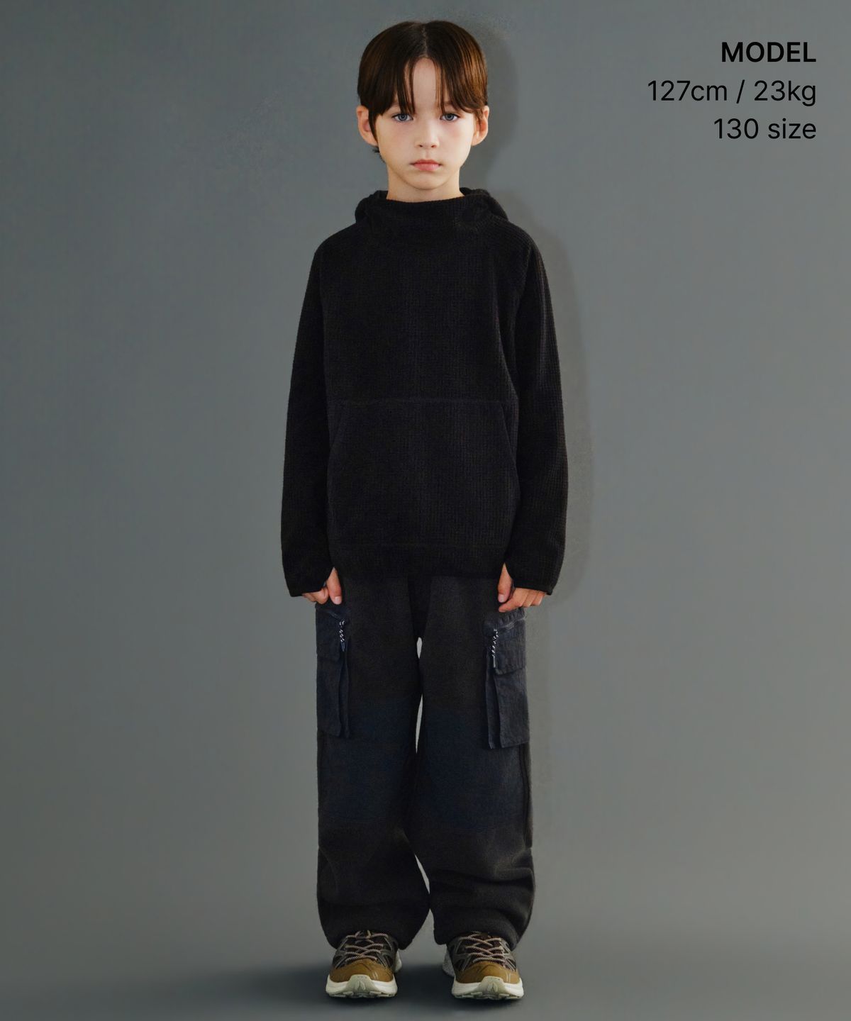 무신사 스탠다드 키즈(MUSINSA STANDARD KIDS) [시티 레저] 그리드 폴라 플리스 후디드 긴소매 티셔츠 [블랙]