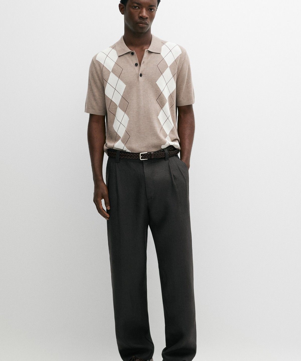 마시모두띠(MASSIMO DUTTI) 아가일 코튼 블렌드 반팔 폴로 셔츠