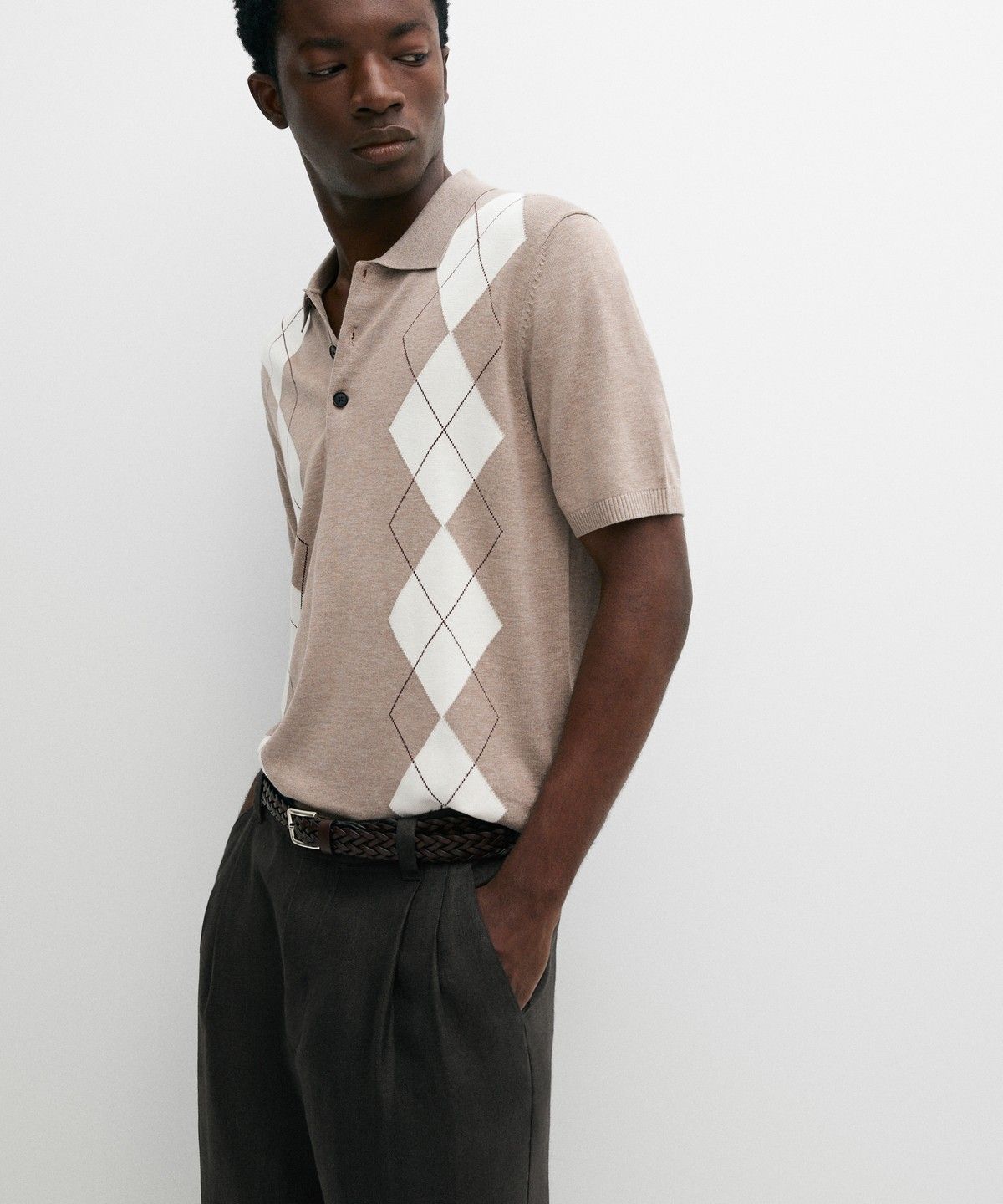 마시모두띠(MASSIMO DUTTI) 아가일 코튼 블렌드 반팔 폴로 셔츠