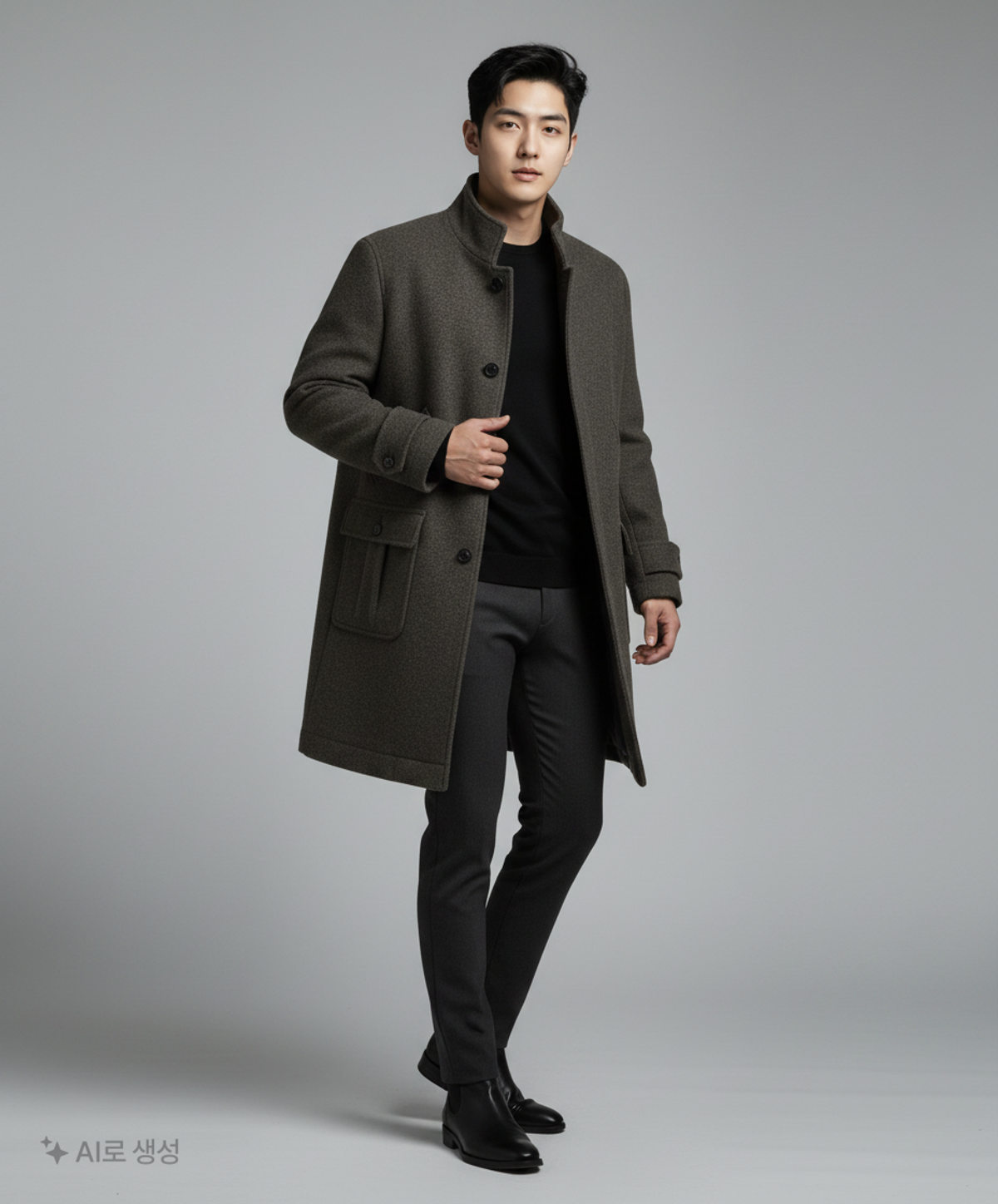 쿠어(COOR) 캐시미어 블렌드 스탠드 카라 코트 (다크그린) M