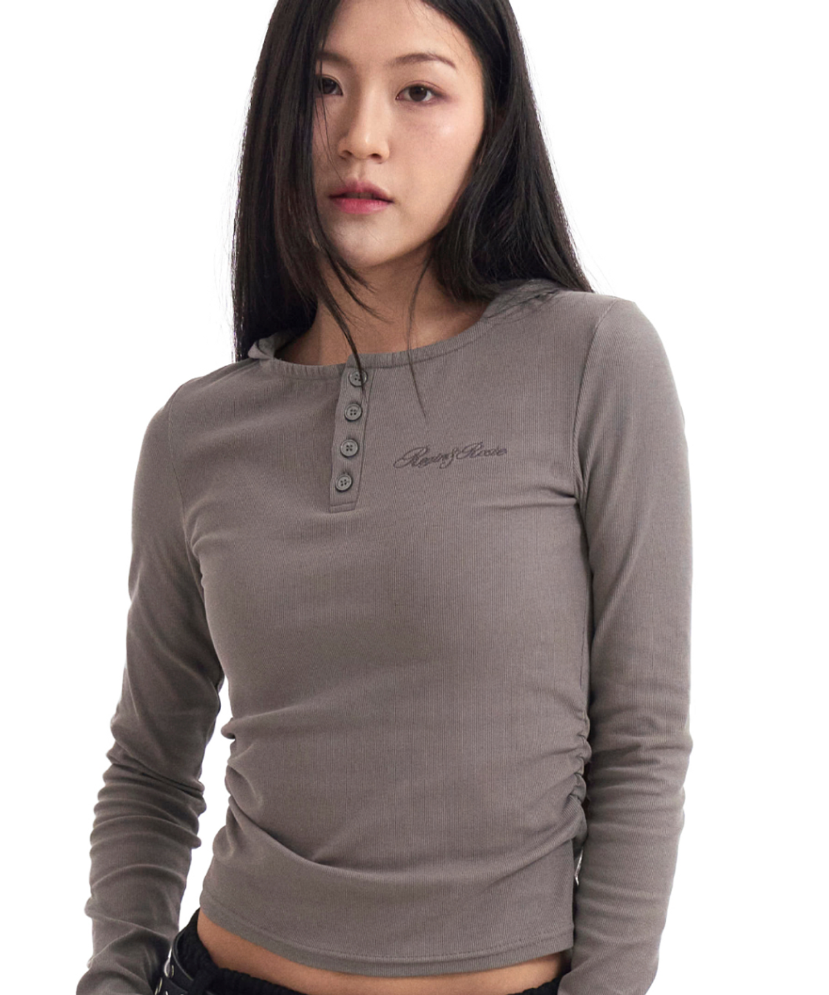 로긴 앤 로지(ROGIN N ROSIE) Henley Neck Slim-Fit Hooded Long Sleeve Light gray