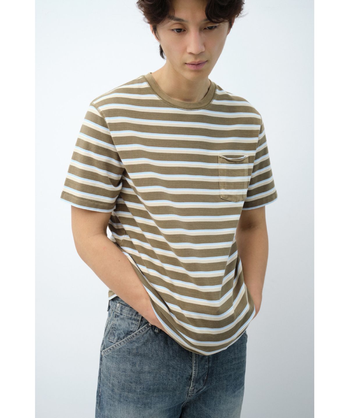 해칭룸(HATCHINGROOM) Bleached Stripe Tee Khaki