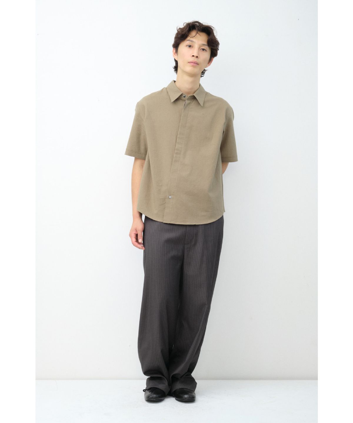 해칭룸(HATCHINGROOM) Slash Shirt Herringbone Stripe Desert