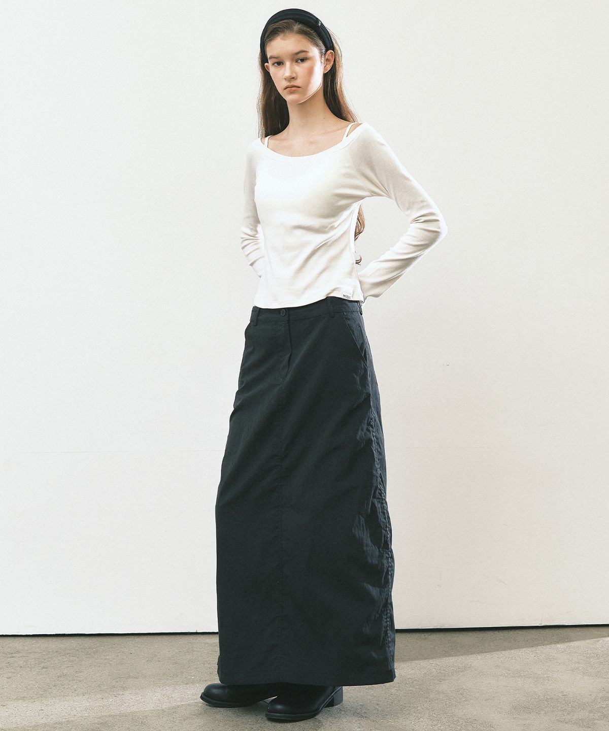 닉앤니콜(NICK&NICOLE) NICOLE SHIRRING LONG SKIRT_BLACK