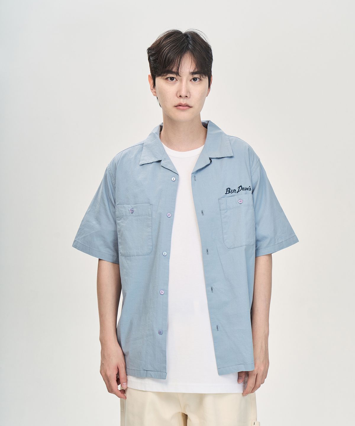 벤 데이비스(BEN DAVIS) 포츈 자수 오픈카라 셔츠 삭스블루