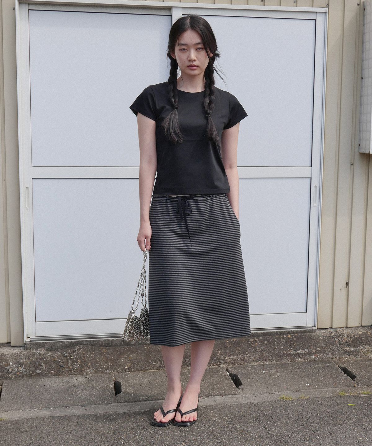 스텝어라운드(STEP AROUND) Soft Jersey Midi Skirt_BLACK