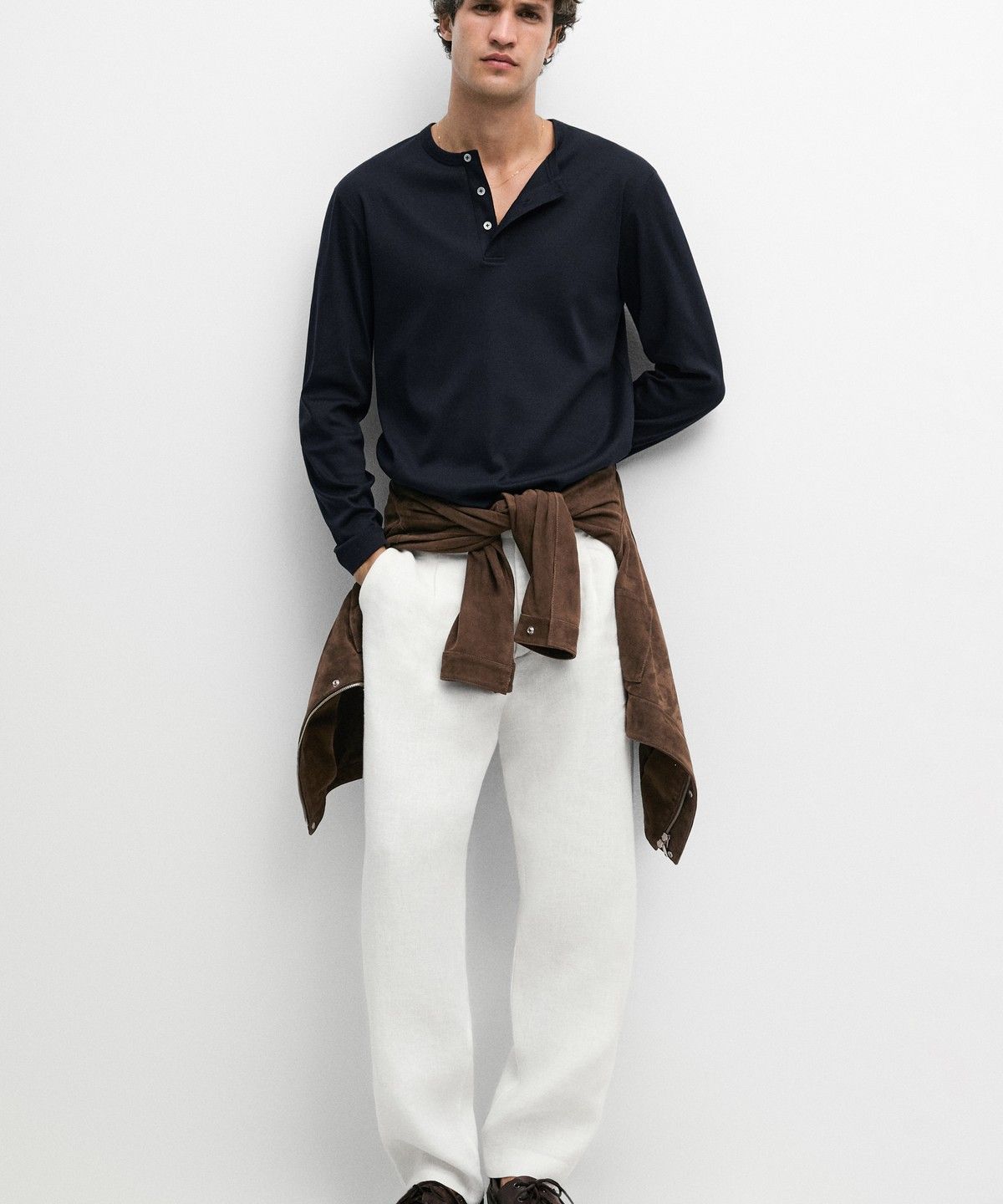 마시모두띠(MASSIMO DUTTI) 100% 코튼 헨리넥 긴소매 티셔츠