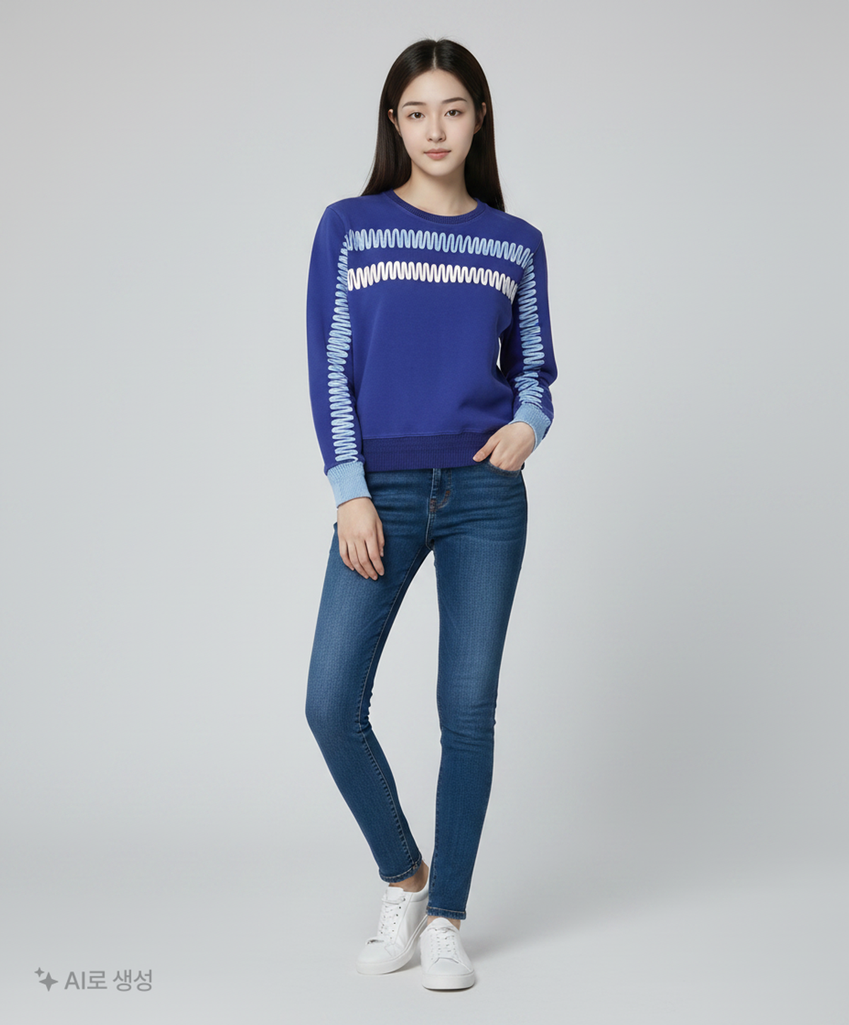 밀로그램(MILLOGREM) zigzag embroidery sweatshirts - blue FREE