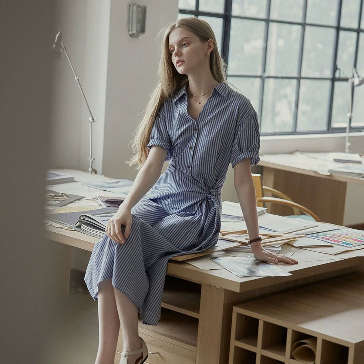 프라우드 마리(PROUD MARY) PM_Pinstripe wrap shirt dress