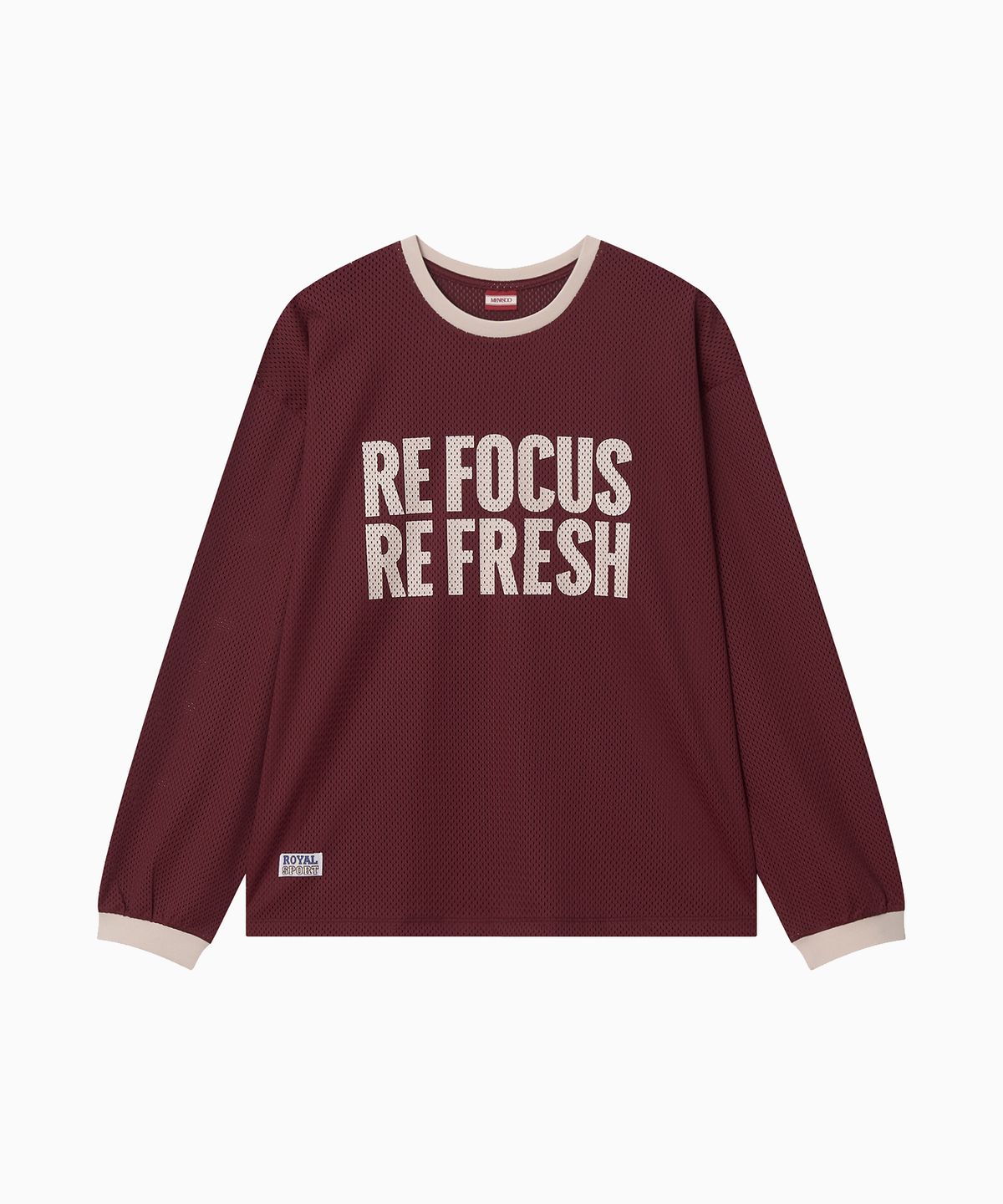 미나수(MENASOO) Refocus Mesh Round Neck T Shirt_Burgundy