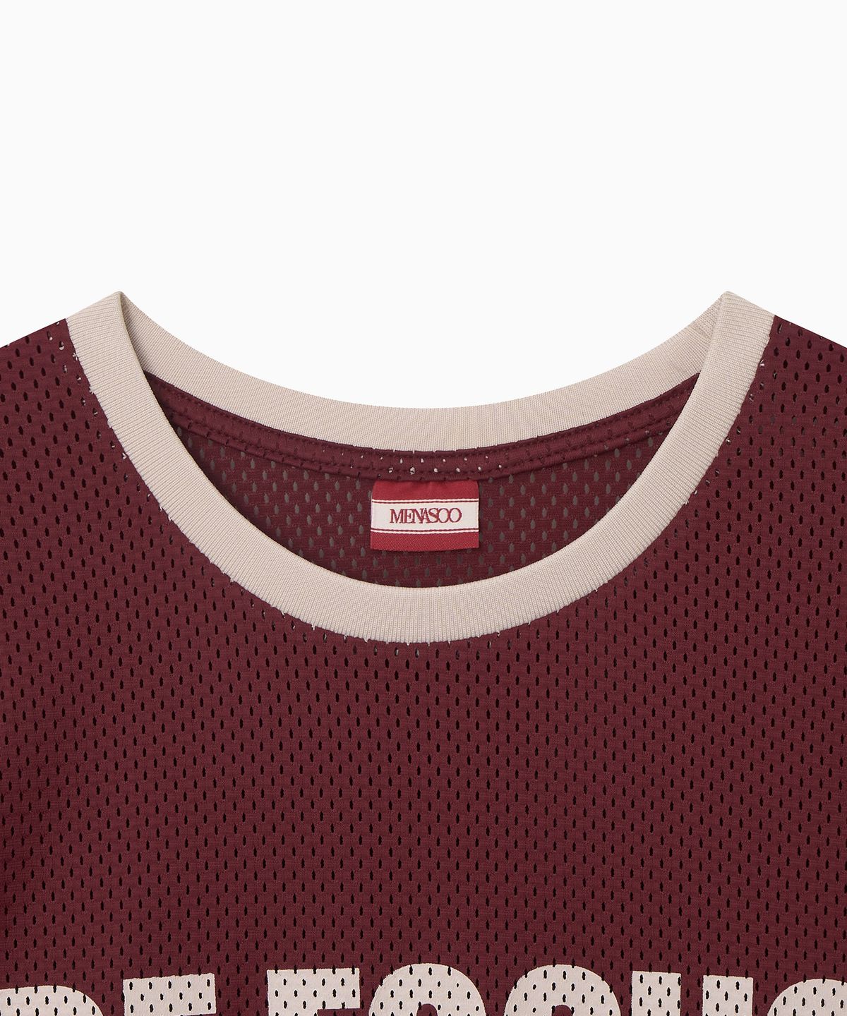 미나수(MENASOO) Refocus Mesh Round Neck T Shirt_Burgundy