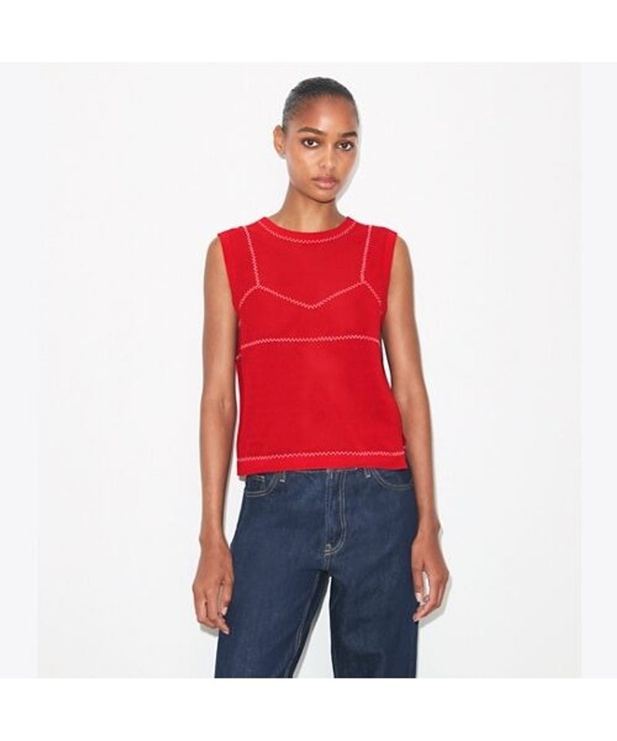 토리버치(TORYBURCH) 코튼 앤 나일론 메쉬 탑 - 브라이트 레드 / 화이트