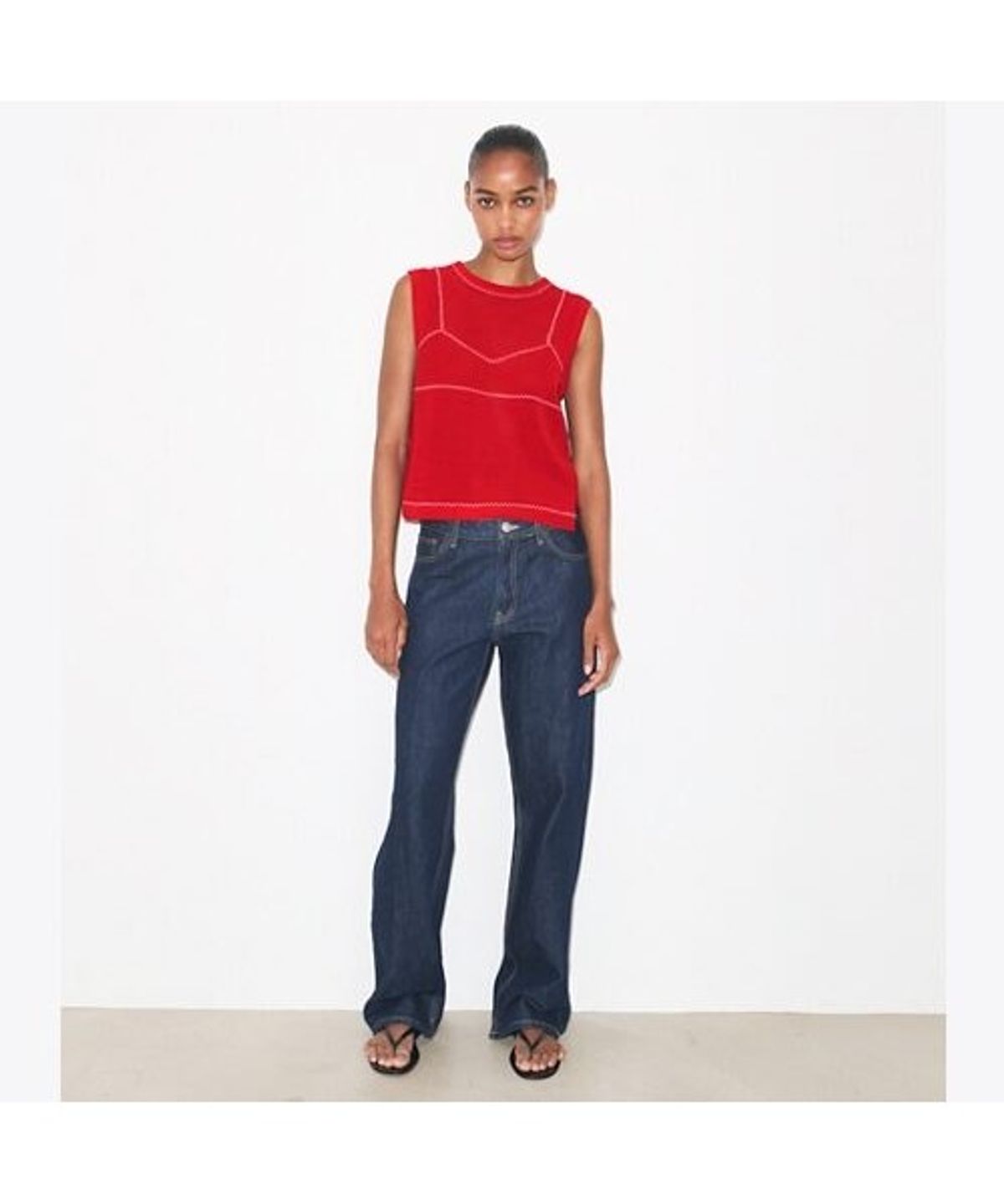 토리버치(TORYBURCH) 코튼 앤 나일론 메쉬 탑 - 브라이트 레드 / 화이트