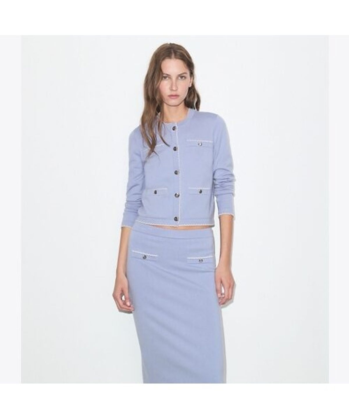토리버치(TORYBURCH) 켄드라 울 스캘럽 가디건 - 페일 블루 / 뉴 아이보리